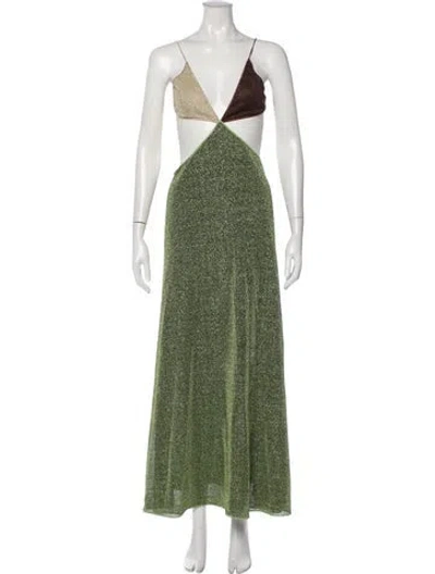 Pre-owned Oseree Colorblock Pattern Long Dress In Green