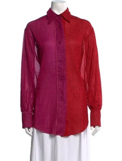 Pre-owned Oseree Colorblock Pattern Long Sleeve Button-up Top In Metallic/red