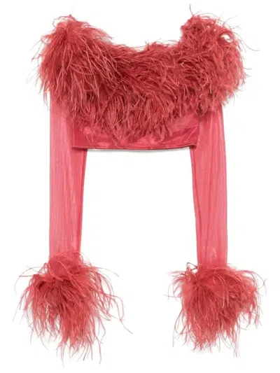 OSEREE FEATHER-TRIM CROPPED TOP