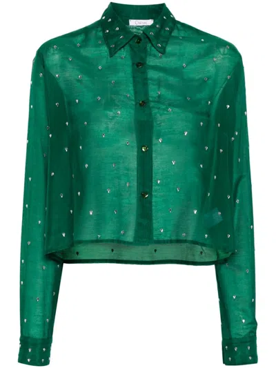 Oseree Oséree Crystal-embellished Green Cropped Shirt