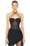 Oseree Crystal Necklace Bodysuit In Black