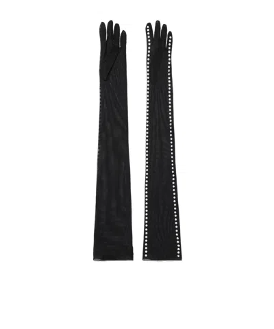 Oseree Crystal-embellished Mesh Gloves In Black