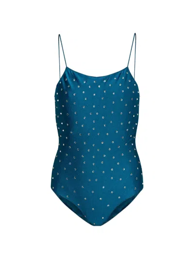 Oseree Crystal-embellished One-piece Swimsuit In Blue
