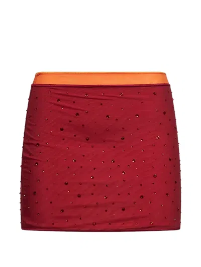 Oseree Crystal-embellished Semi-sheer Mini Skirt In Red