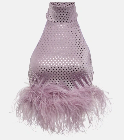Oseree Disco Plumage Feather-trimmed Top In Purple