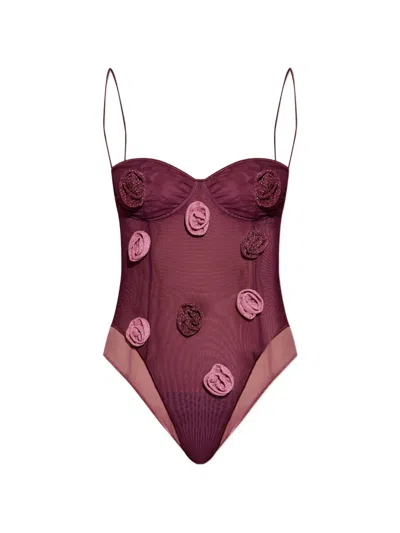Oseree Double-mesh Floral-appliqué Swimsuit In Burgundy