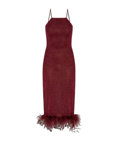 OSEREE FEATHER-TRIMMED SPARKLE MIDI DRESS