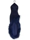 Oseree Oséree Feathers Trim Lurex Detailed Asymmetric Midi Dress In Blue