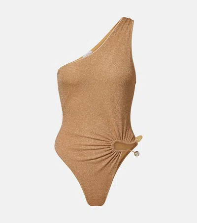 Oseree Embellished One-shoulder Lamé Swimsuit In Brown