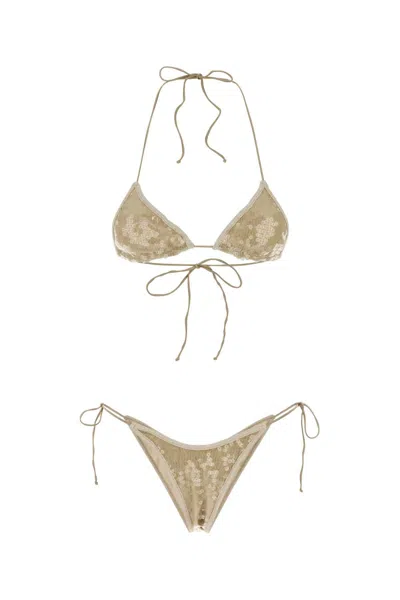 Oseree Marylin Polyester Sequin Halter Triangle Bikini In Gold