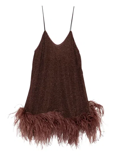 Oseree Feather-detail V-neck Mini Dress In Brown