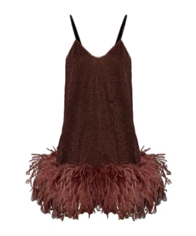 Oseree Feather-detail V-neck Mini Dress In Brown
