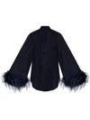Oseree 'lumière' Black Relaxed Shirt With Tonal Feathers In Polyamide Blend Woman In Blue