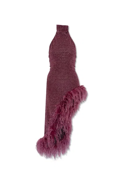 Oseree Feather-trim Asymmetric Dress In Purple