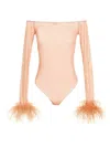 Oseree Feather Transparent Mesh Bodysuit Underwear And Body Pink