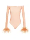 Oseree Feather Transparent Mesh Bodysuit In Brown