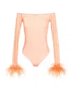 OSEREE FEATHER TRANSPARENT MESH BODYSUIT UNDERWEAR AND BODY PINK