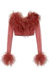 Oseree Feather-trim Cropped Off-shoulder Top