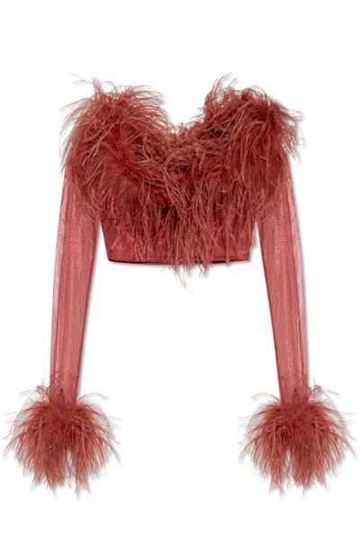 Oseree Feather-trim Cropped Off-shoulder Top In Multicolor