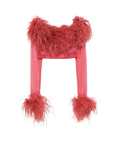 Oseree Feather-trim Cropped Top In Pink