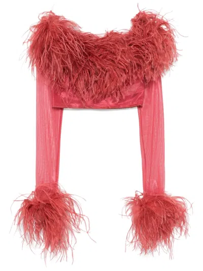 OSEREE FEATHER-TRIM CROPPED TOP