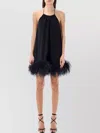 Oseree Lumière Feather-trimmed Metallic Stretch-knit Mini Dress