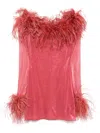 Oseree Feather-trim Mini Dress In 红色