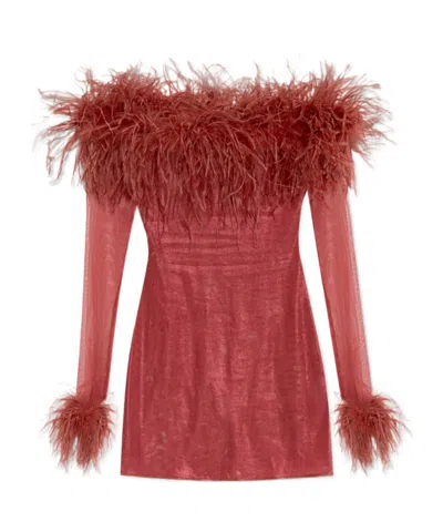 Oseree Feather-trim Mini Dress In Red
