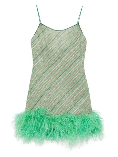 Oseree Feather-trim Mini Dress In Green