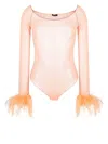 Oseree Feather Transparent Mesh Bodysuit Underwear And Body Pink In Orange