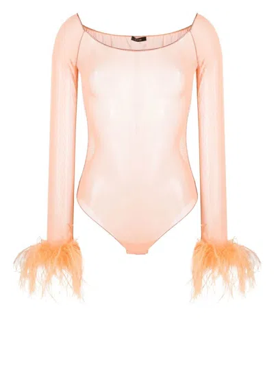 Oseree Oséree Feather Transparent Mesh Bodysuit In Pink