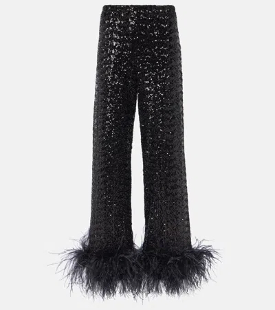 Oseree Feather-trimmed Embellished Wide-leg Pants In Black
