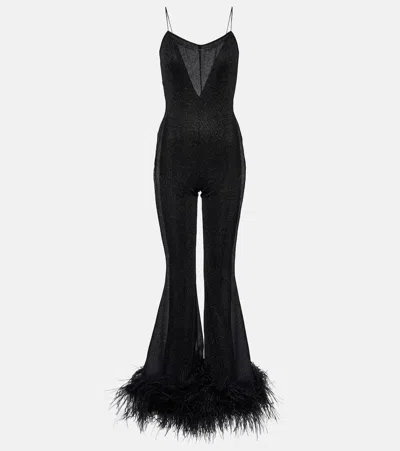 Oseree Feather-trimmed Jumpsuit In Black