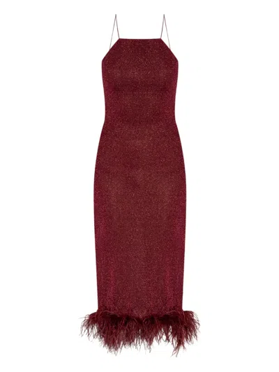 Oseree Feather-trimmed Sparkle Midi Dress In Burgundy