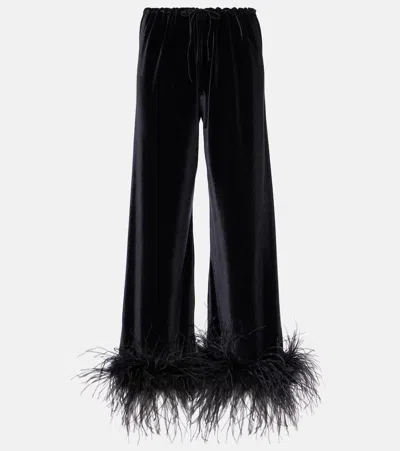 Oseree Feather-trimmed Velvet Wide-leg Pants In Black