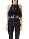 OSEREE FEATHERED BLACK NECKLACE TOP WITH SEQUIN DETAIL FOR WOMEN