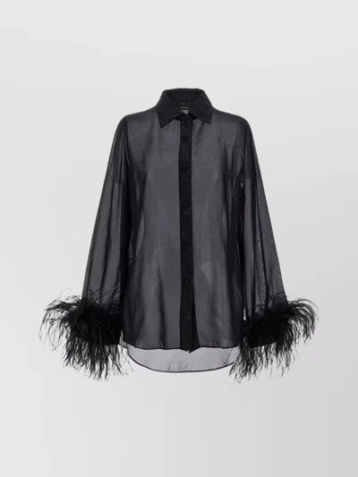 Oseree Feathered Cuffs Sheer Fabric Shirt In Black