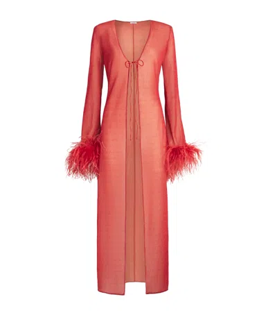 Oseree Oséree Feather-trim Maxi Kaftan Dress In Red