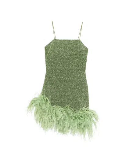 Oseree Feather-trim Mini Dress In Green