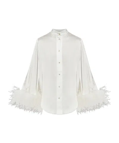 Oseree Feather-trim Satin Blouse In White