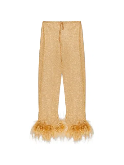 Oseree Feather-trim Trousers In Gold