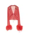 Oseree Feather-trimmed Metallic-thread Top In Red