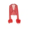 Oseree Feather-trimmed Metallic-thread Top In Red