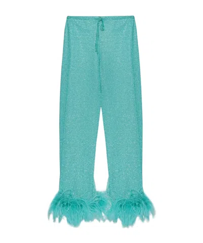 Oseree Feather-trimmed Straight-leg Trousers In Blue