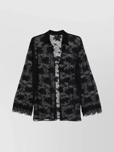 Oseree Floral Lace Buttoned Collar Sheer Shirt In Black