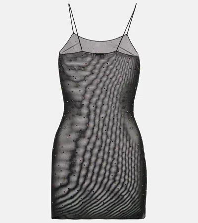 Oseree Gem Embellished Mesh Slip Dress In Black Multicolor