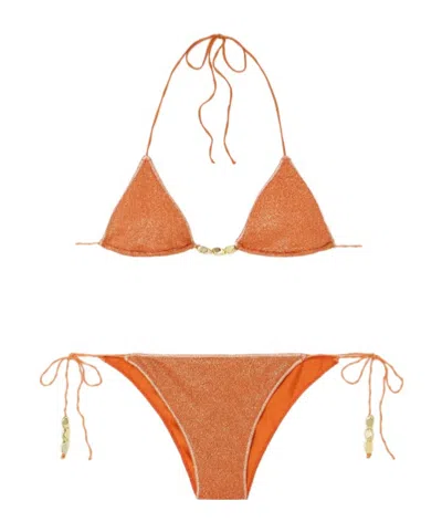 Oseree Glazed Lumière Embellished Metallic Triangle Bikini In Orange