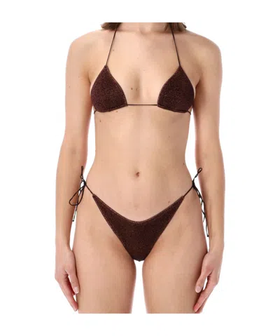 Oseree Lumiere Brown Bikini With Triangular Top And Tie Closure In Tech Fabric Woman
