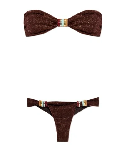 Oseree Lumiere Multi Ring Bandeau Bikini Set In Brown