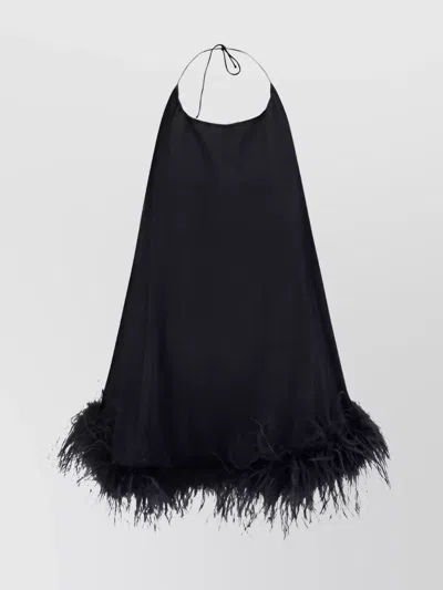 Oseree Mini Black Dress With Halterneck And Feathers In Polyamide Blend Woman In Blue